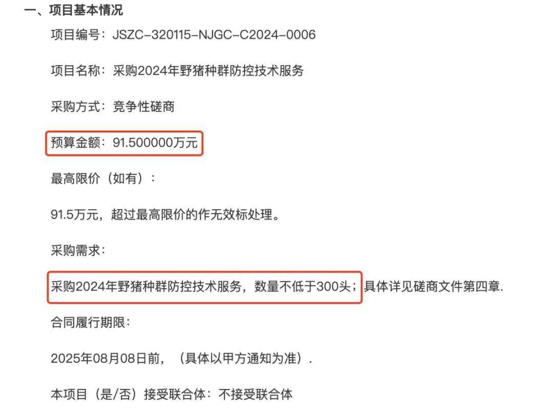 91.5萬元打300頭野豬，南京一企業(yè)中標后棄標，知情人：人手不夠放棄