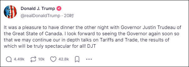 特朗普公開嘲諷特魯多：加拿大州州長，期待再次相見