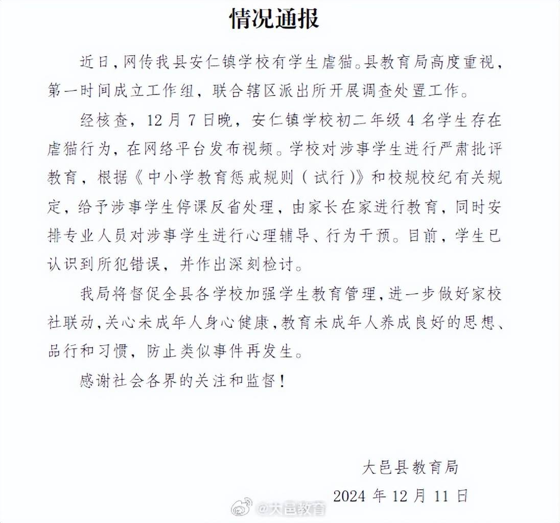 官方通報(bào)“成都4名初中生組團(tuán)虐貓”：對涉事學(xué)生批評教育，停課反省