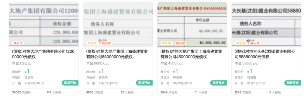 1元起拍，恒大地產(chǎn)集團1.2億元債權(quán)拍賣參與者眾多