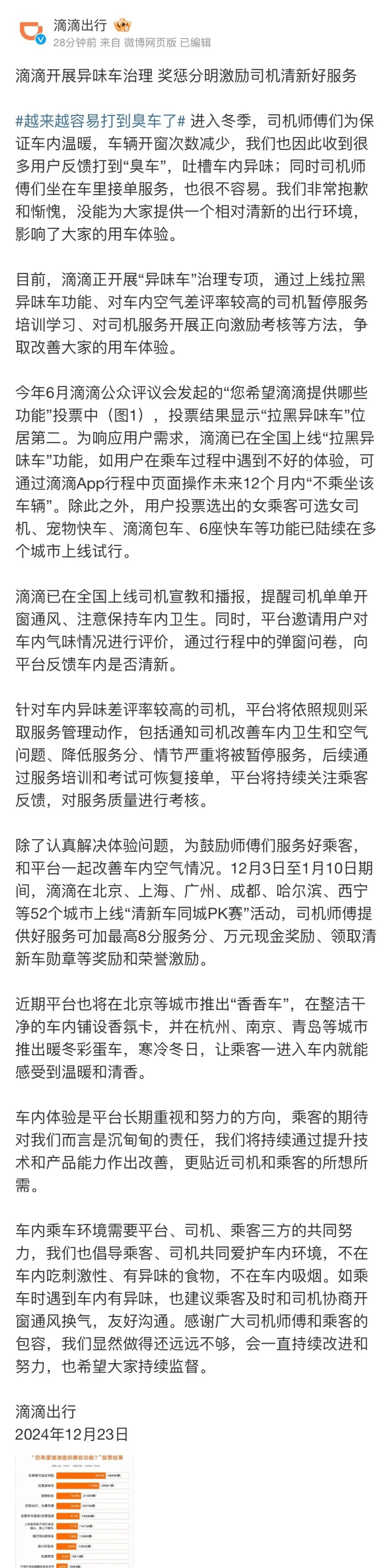 滴滴就“打到臭車”致歉：正開(kāi)展“異味車”治理，拉黑功能上線
