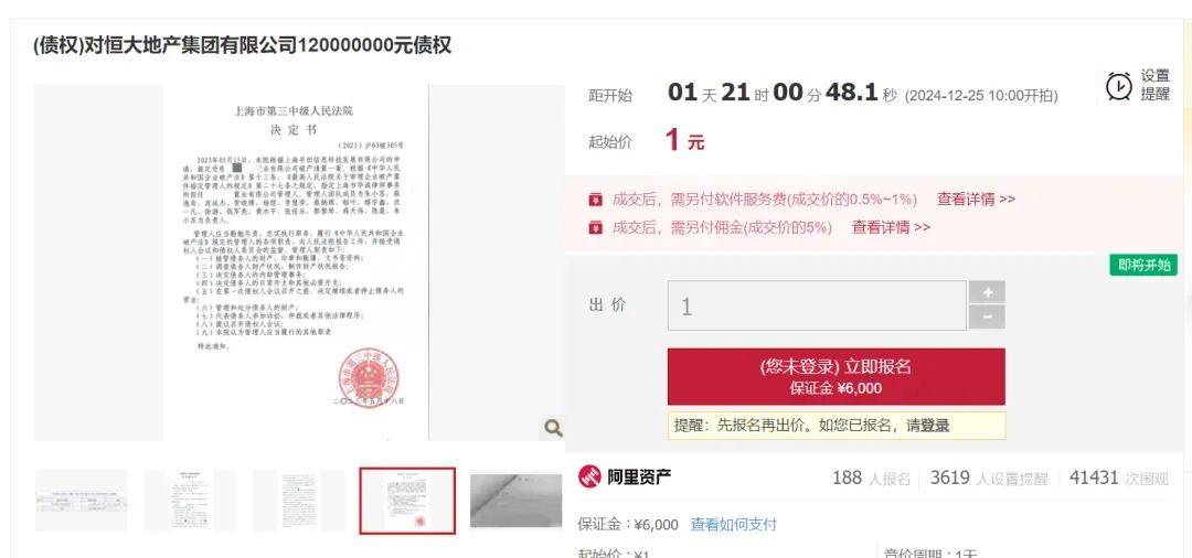 1元起拍！恒大地產集團上億債權將被拍賣