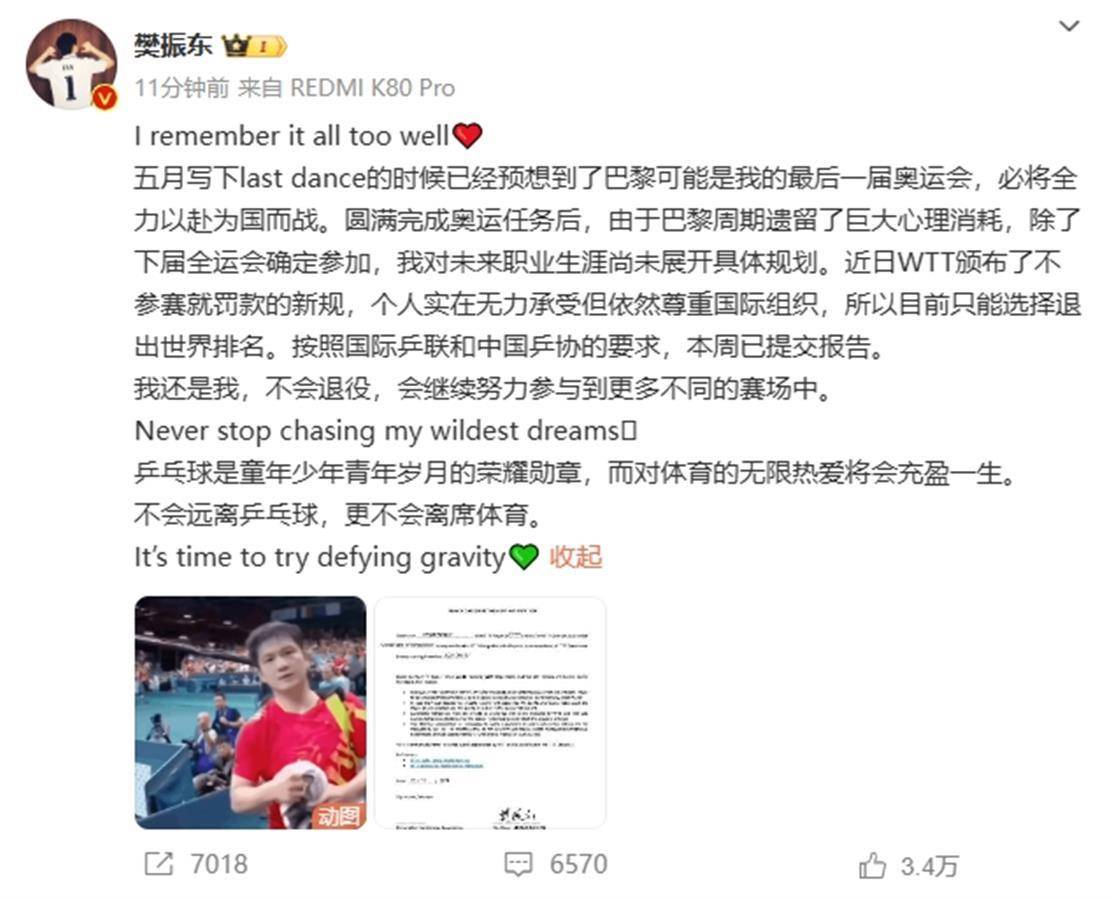 “交不起罰款”，樊振東宣布退出國(guó)際排名但不退役，“繼續(xù)參與更多不同的賽場(chǎng)”