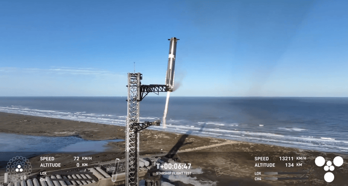 SpaceX星艦第七次試飛入軌失敗，但再次完成“筷子夾火箭”回收