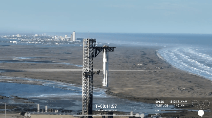 SpaceX星艦第七次試飛入軌失敗，但再次完成“筷子夾火箭”回收