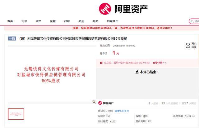 有人起拍價1元拿下江蘇一家公司80%的股權(quán)，相關(guān)負(fù)責(zé)人回應(yīng)