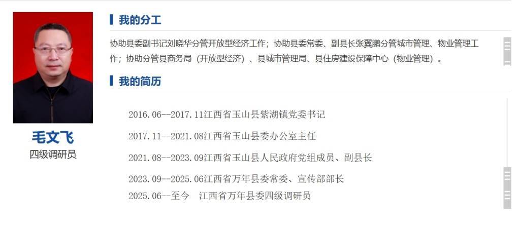 江西萬年縣委常委、宣傳部部長(zhǎng)毛文飛改任萬年縣委四級(jí)調(diào)研員