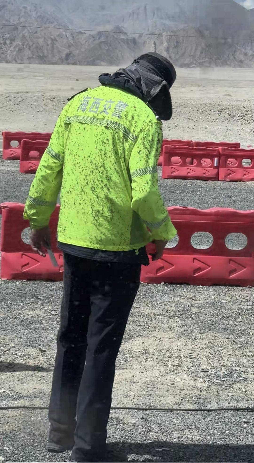 交警身上叮滿蚊子，拍攝者：我們車窗都不敢搖下來，他們真的很不容易