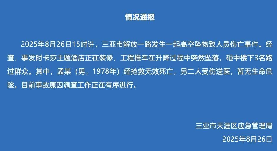 三亞通報：一酒店裝修工程推車墜落，砸中3名路人，其中1人經搶救無效死亡