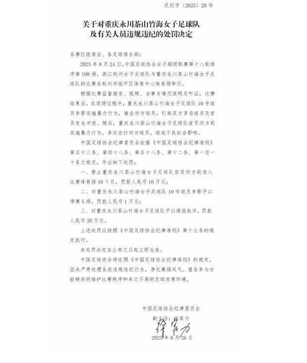 中國足協(xié)重罰“女足賽場沖突”，多人被禁賽、罰款
